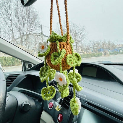 Handmade crochet flower Car Mirror Hanging bracketplant chlorophytum comosum Interior Rear View Mirror Car Accessories gift for car