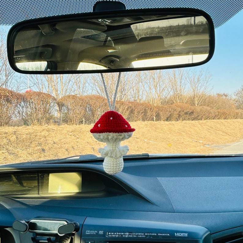 Handmade crochet red mushroom Accessories for Women Car Mirror Hanging Teens Interior Rear View Mirror Flower Decor Charm