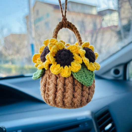 Handmade crochet Cute sunflower basket kawaii Car Mirror Hanging Charm Fruit Decor Teens Interior Rear View Mirror car Accessories for Women