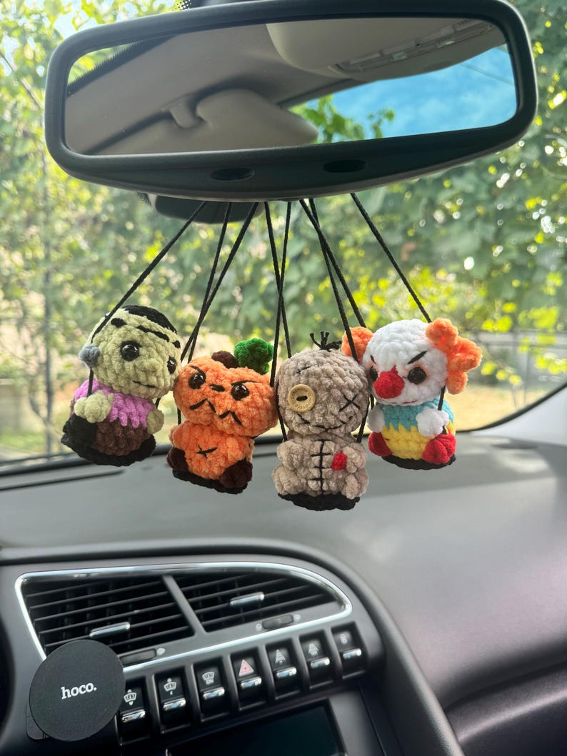 Halloween car charms rear view mirror Voodoo pumpkin clown frankenstein, crochet car mirror hanger, Halloween decor accessory
