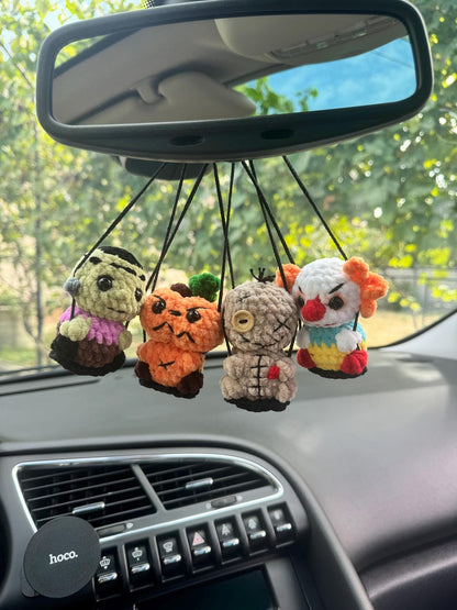 Halloween car charms rear view mirror Voodoo pumpkin clown frankenstein, crochet car mirror hanger, Halloween decor accessory