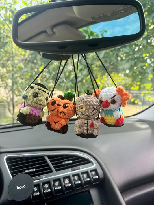 Halloween car charms rear view mirror Voodoo pumpkin clown frankenstein, crochet car mirror hanger, Halloween decor accessory
