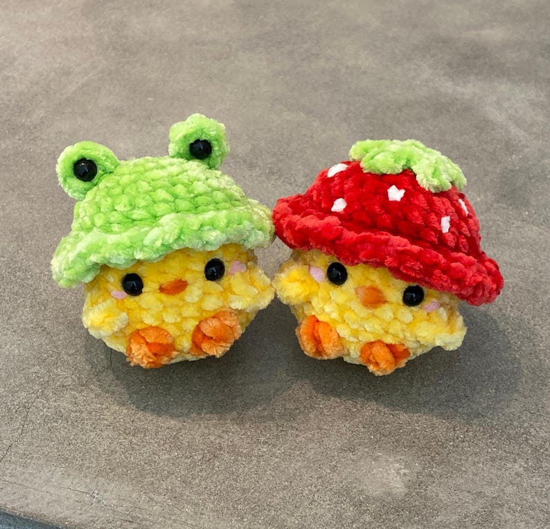 Handmade Crochet Duck With Hat, Amigurumi Duck Stuffed Animal, Baby Duck Frog Hat Strawberry Hat, Mini Duck Plushie, Duck Lovers Gift
