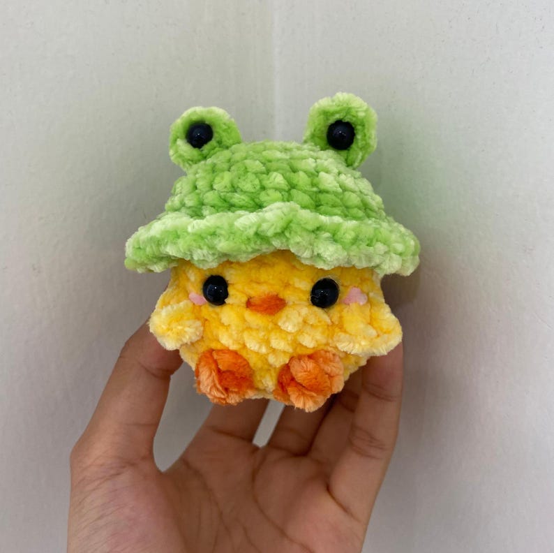 Handmade Crochet Duck With Hat, Amigurumi Duck Stuffed Animal, Baby Duck Frog Hat Strawberry Hat, Mini Duck Plushie, Duck Lovers Gift