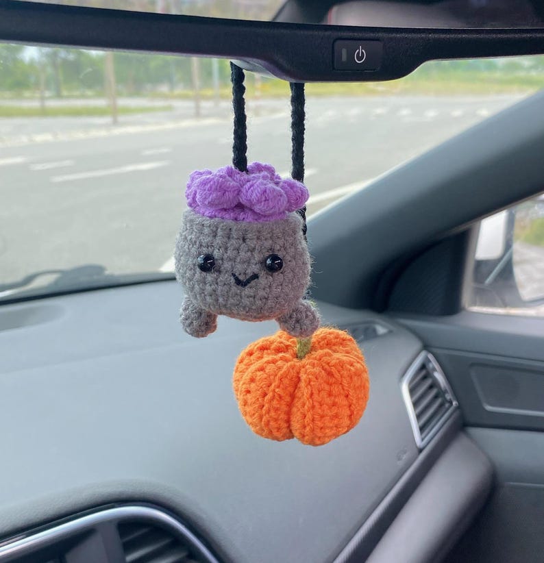 Crochet Cauldron And Pumpkin Car Charm Spooky, Cauldron Pumpkin Rear View Mirror Ornament, Fall Halloween Car Accessory Halloween Car Decor