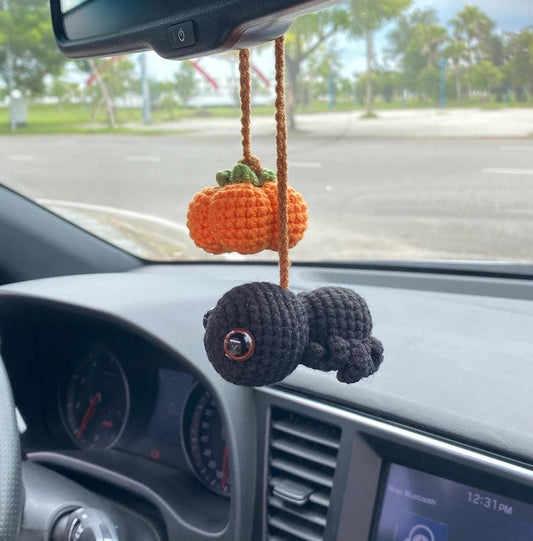 Crochet Spider And Pumpkin Car Charm Spooky, Spider Pumpkin Rear View Mirror Ornament, Fall Halloween Car Accessories Halloween Car Decor