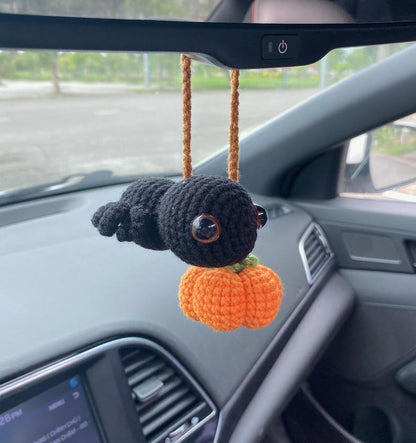 Crochet Spider And Pumpkin Car Charm Spooky, Spider Pumpkin Rear View Mirror Ornament, Fall Halloween Car Accessories Halloween Car Decor