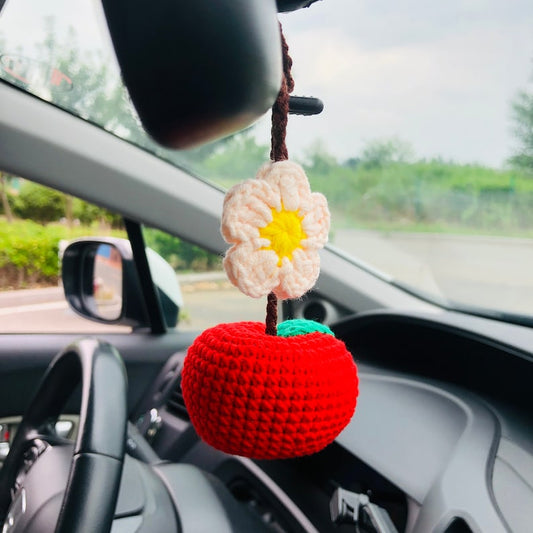 Cute Car Mirror Hanging Apple fruit car Interior Rear View Mirror Flower Car Accessories Crochet gift for car