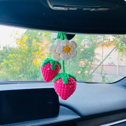 2pcs Cute Strawberry Flower Car Accessories Mirror Hanging Charm Fruit Decor Teens Interior Rear View Mirror for Women