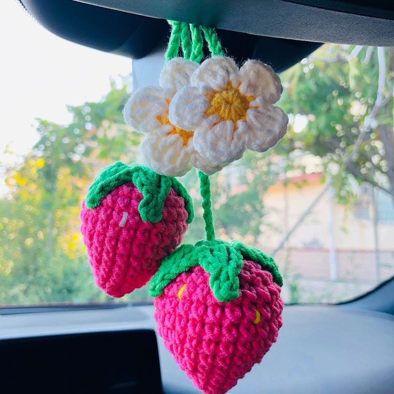 2pcs Cute Strawberry Flower Car Accessories Mirror Hanging Charm Fruit Decor Teens Interior Rear View Mirror for Women