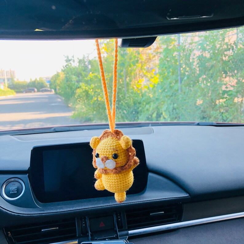 Cute animal Car Mirror Hanging Interior Rear View Mirror Flower Lion Car Accessories Crochet Toy for Women