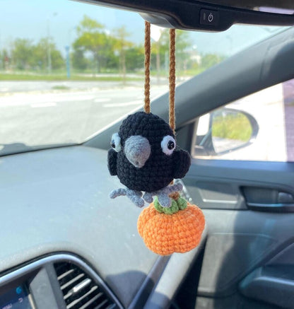 Crochet Crow And Pumpkin Halloween Rear View Mirror Accessories Decoration, Crow Amigurumi Plushie, Pumpkin Fall Car Decor, Halloween Gift