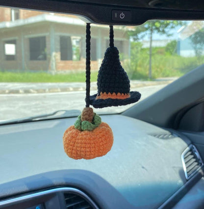Crochet Witch Hat And Pumpkin Halloween Rear View Mirror Accessories Decoration, Pumpkin Plushie, Pumpkin Fall Car Decor, Halloween Gift