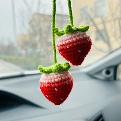 Handmade crochet Strawberry Car Mirror Hanging Teens Interior Rear View Mirror Flower Decor Cute Accessories for Women Charm Fruit
