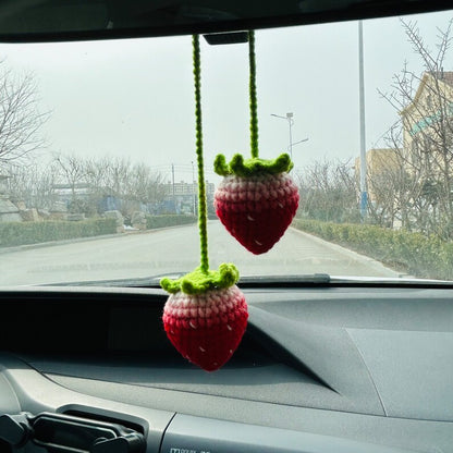 Handmade crochet Strawberry Car Mirror Hanging Teens Interior Rear View Mirror Flower Decor Cute Accessories for Women Charm Fruit