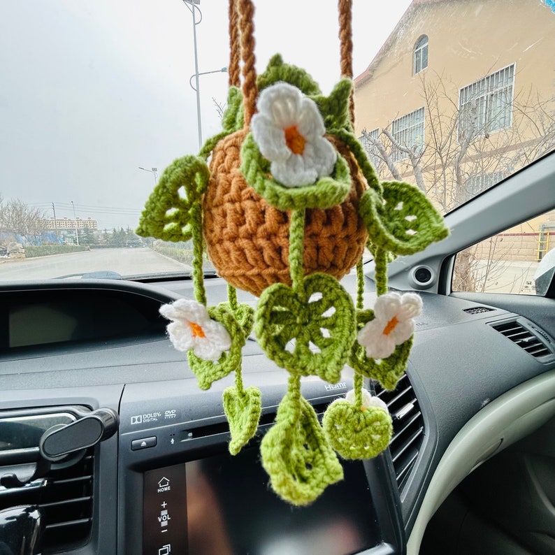 Handmade crochet flower Car Mirror Hanging bracketplant chlorophytum comosum Interior Rear View Mirror Car Accessories gift for car