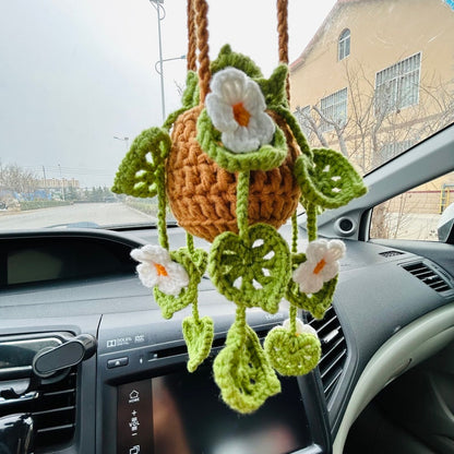 Handmade crochet flower Car Mirror Hanging bracketplant chlorophytum comosum Interior Rear View Mirror Car Accessories gift for car