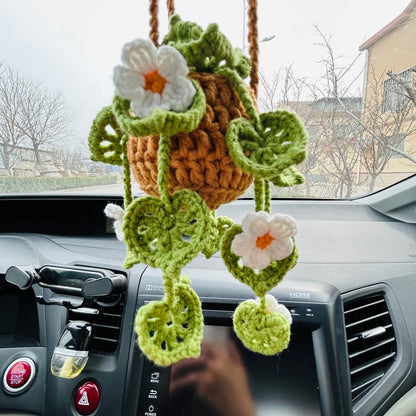 Handmade crochet flower Car Mirror Hanging bracketplant chlorophytum comosum Interior Rear View Mirror Car Accessories gift for car