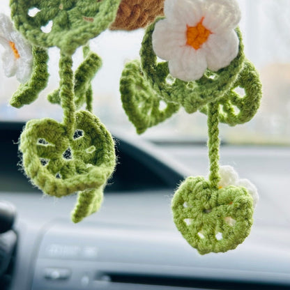Handmade crochet flower Car Mirror Hanging bracketplant chlorophytum comosum Interior Rear View Mirror Car Accessories gift for car