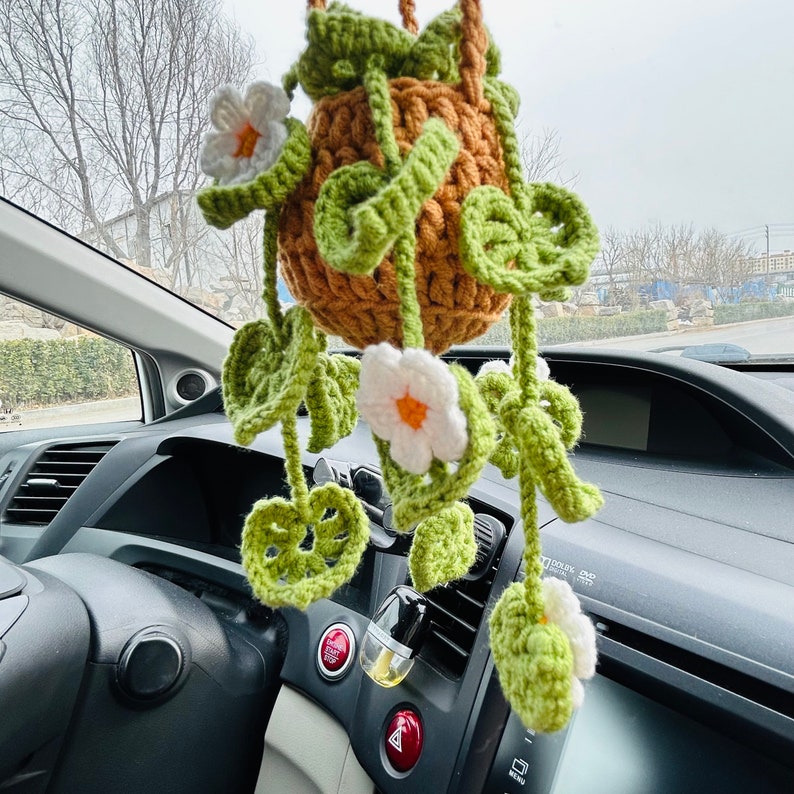 Handmade crochet flower Car Mirror Hanging bracketplant chlorophytum comosum Interior Rear View Mirror Car Accessories gift for car