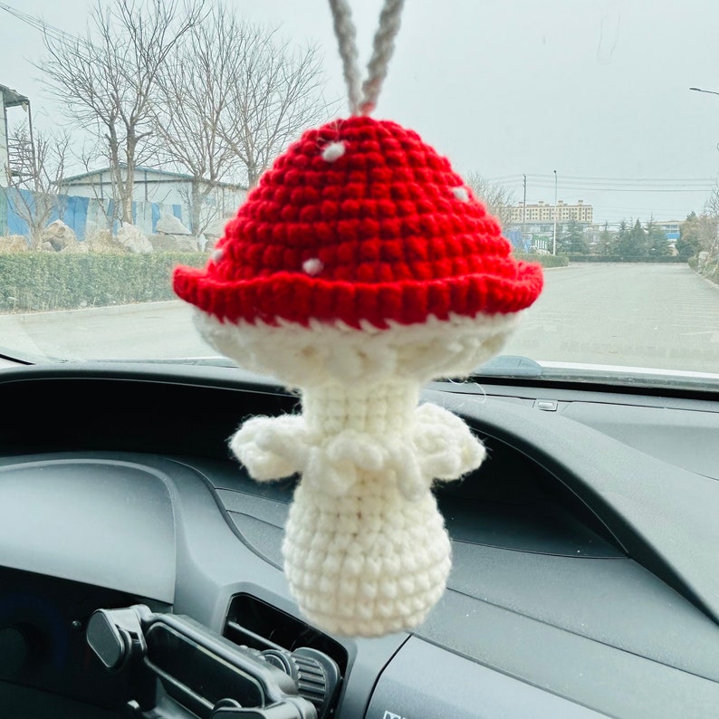 Handmade crochet red mushroom Accessories for Women Car Mirror Hanging Teens Interior Rear View Mirror Flower Decor Charm