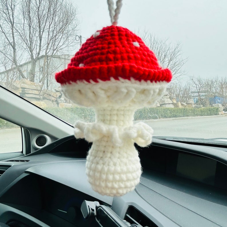 Handmade crochet red mushroom Accessories for Women Car Mirror Hanging Teens Interior Rear View Mirror Flower Decor Charm