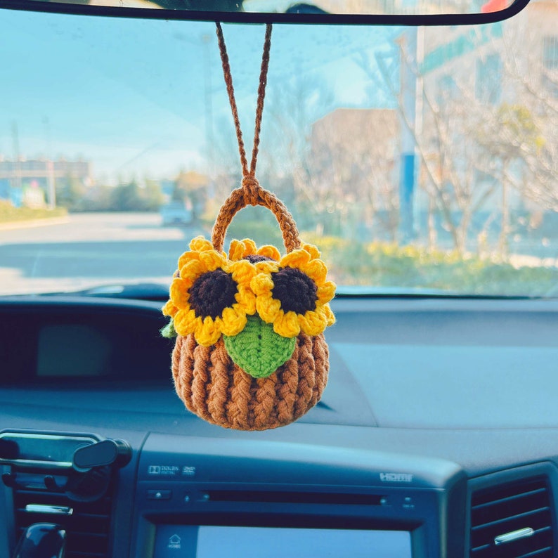 Handmade crochet Cute sunflower basket kawaii Car Mirror Hanging Charm Fruit Decor Teens Interior Rear View Mirror car Accessories for Women