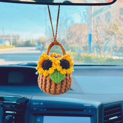 Handmade crochet Cute sunflower basket kawaii Car Mirror Hanging Charm Fruit Decor Teens Interior Rear View Mirror car Accessories for Women