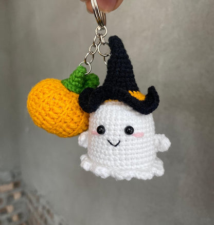 Crochet Ghost Witch Hat Pumpkin Keychain, Amigurumi Ghost Pumpkin, Ghost Pumpkin Plushie Toy Keychain, Halloween Decor, Halloween Gifts