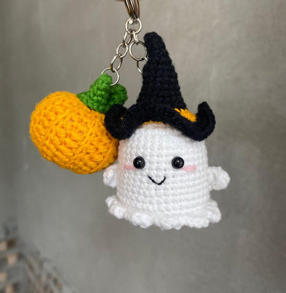 Crochet Ghost Witch Hat Pumpkin Keychain, Amigurumi Ghost Pumpkin, Ghost Pumpkin Plushie Toy Keychain, Halloween Decor, Halloween Gifts