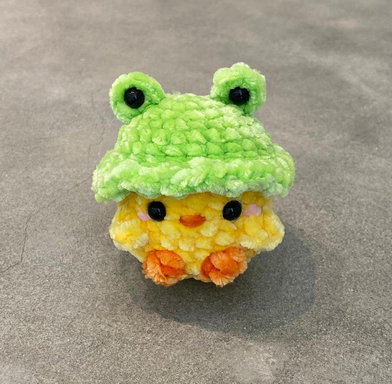 Handmade Crochet Duck With Hat, Amigurumi Duck Stuffed Animal, Baby Duck Frog Hat Strawberry Hat, Mini Duck Plushie, Duck Lovers Gift