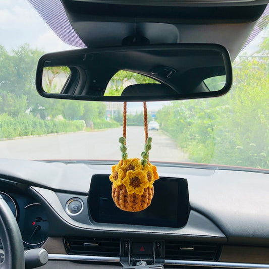Cute Car Mirror Hanging mini sunflower Interior Rear View Mirror Flower Car Accessories Crochet gift for car