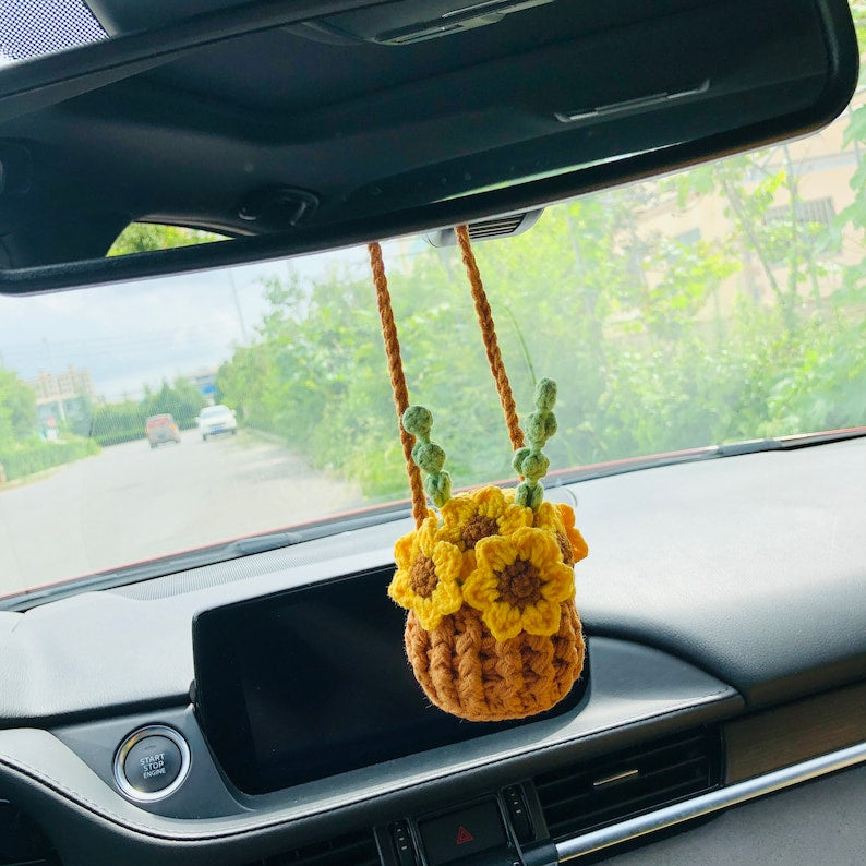Cute Car Mirror Hanging mini sunflower Interior Rear View Mirror Flower Car Accessories Crochet gift for car