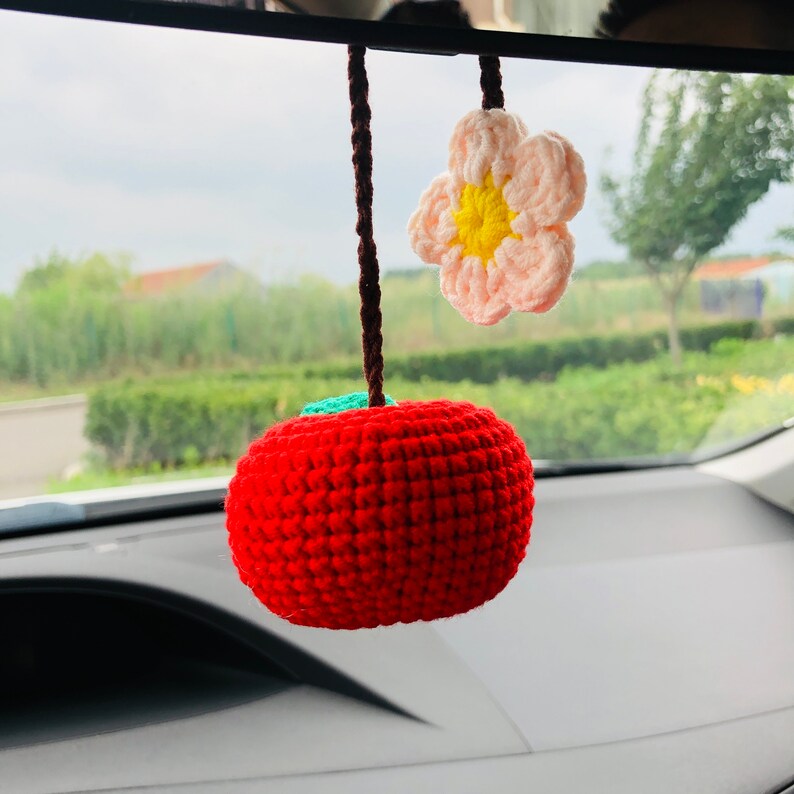 Cute Car Mirror Hanging Apple fruit car Interior Rear View Mirror Flower Car Accessories Crochet gift for car