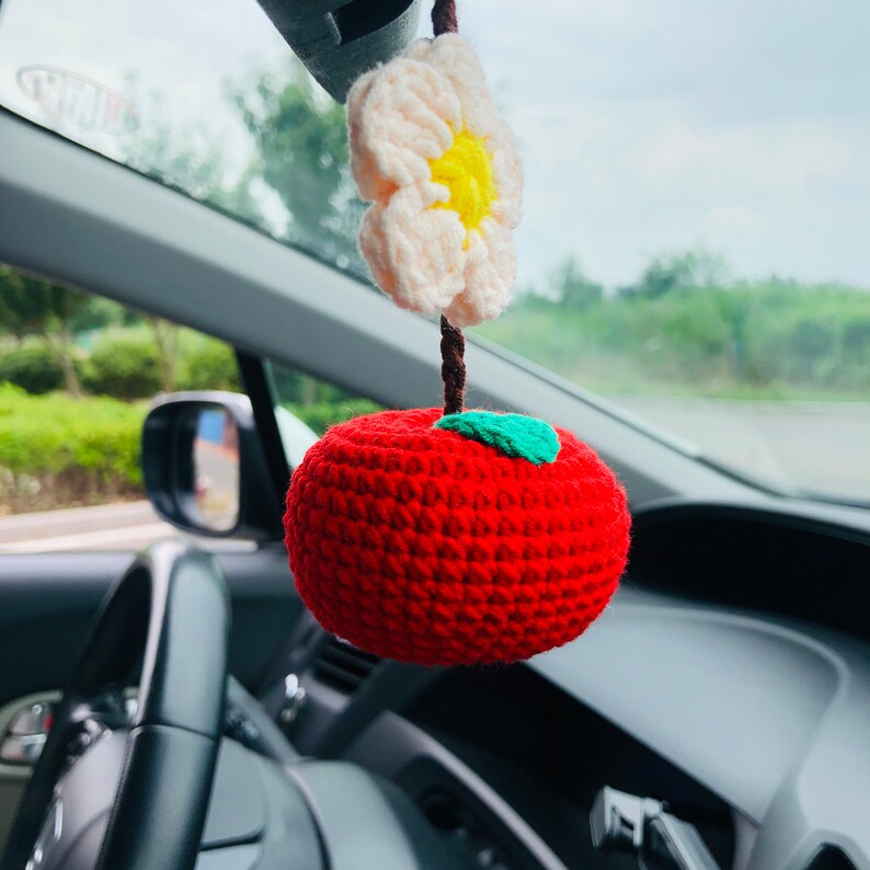 Cute Car Mirror Hanging Apple fruit car Interior Rear View Mirror Flower Car Accessories Crochet gift for car