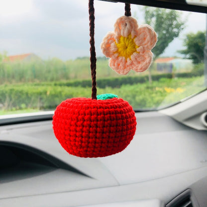 Cute Car Mirror Hanging Apple fruit car Interior Rear View Mirror Flower Car Accessories Crochet gift for car