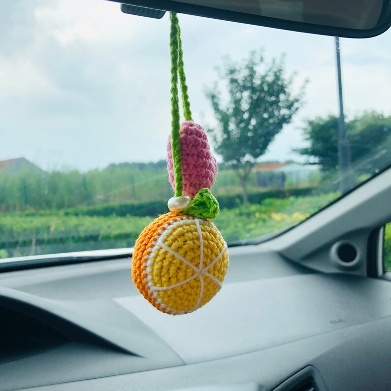 Cute Car Mirror Hanging orange heart love fruit car Interior Rear View Mirror Flower Car Accessories Crochet gift for car