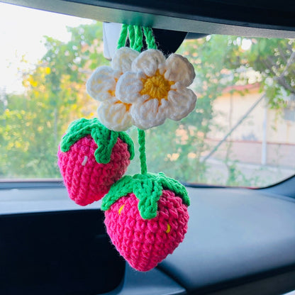 2pcs Cute Strawberry Flower Car Accessories Mirror Hanging Charm Fruit Decor Teens Interior Rear View Mirror for Women
