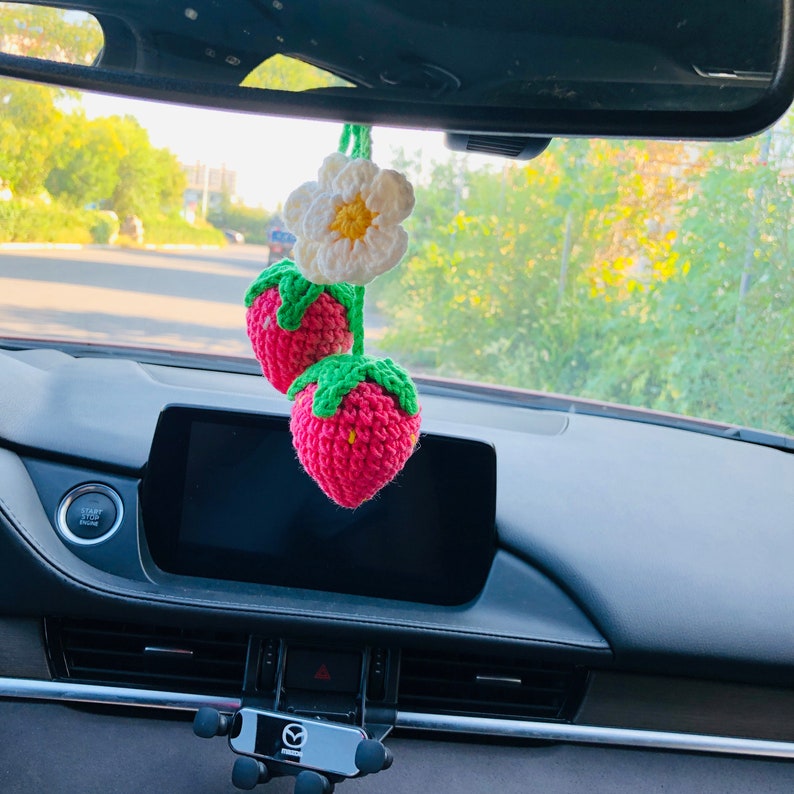 2pcs Cute Strawberry Flower Car Accessories Mirror Hanging Charm Fruit Decor Teens Interior Rear View Mirror for Women