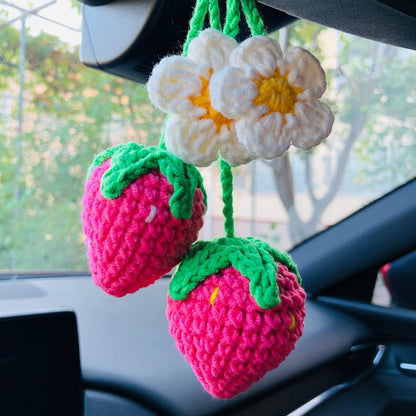 2pcs Cute Strawberry Flower Car Accessories Mirror Hanging Charm Fruit Decor Teens Interior Rear View Mirror for Women