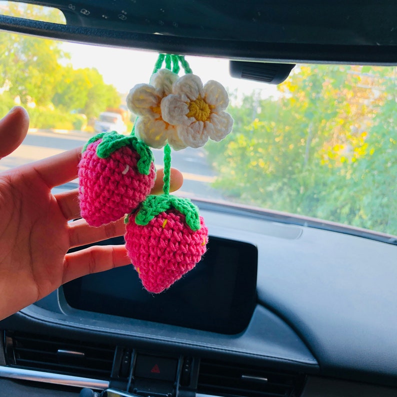 2pcs Cute Strawberry Flower Car Accessories Mirror Hanging Charm Fruit Decor Teens Interior Rear View Mirror for Women