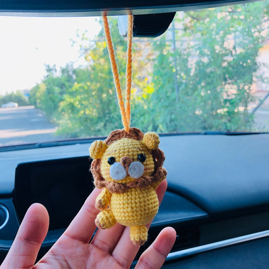 Cute animal Car Mirror Hanging Interior Rear View Mirror Flower Lion Car Accessories Crochet Toy for Women