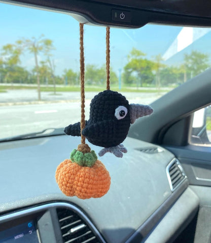 Crochet Crow And Pumpkin Halloween Rear View Mirror Accessories Decoration, Crow Amigurumi Plushie, Pumpkin Fall Car Decor, Halloween Gift