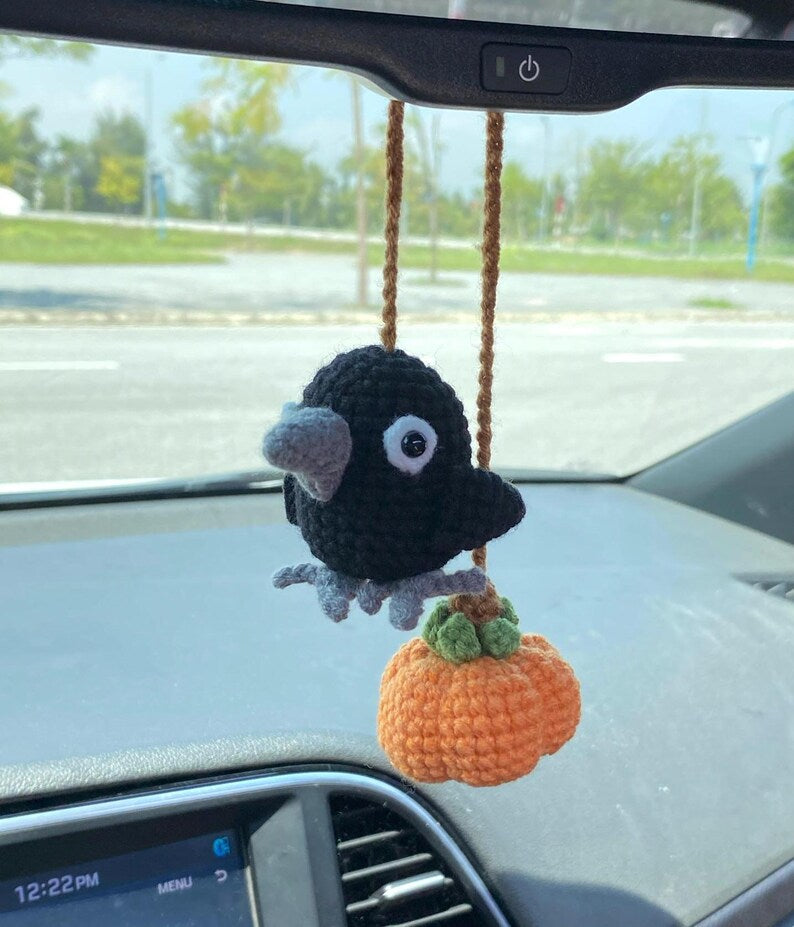 Crochet Crow And Pumpkin Halloween Rear View Mirror Accessories Decoration, Crow Amigurumi Plushie, Pumpkin Fall Car Decor, Halloween Gift