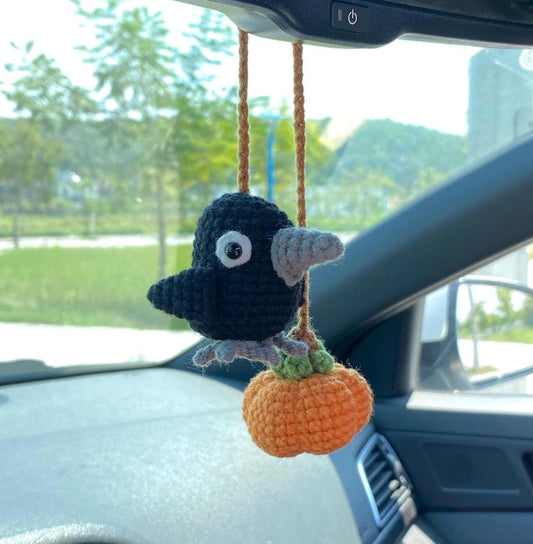 Crochet Crow And Pumpkin Halloween Rear View Mirror Accessories Decoration, Crow Amigurumi Plushie, Pumpkin Fall Car Decor, Halloween Gift