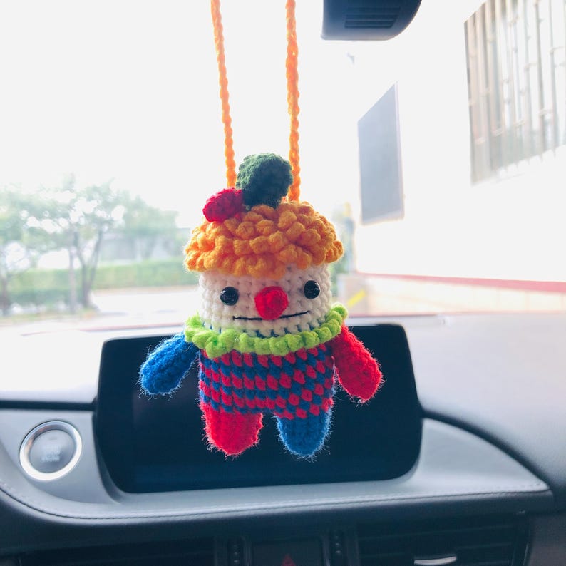 Cute Joker Car Mirror Hanging Interior Rear View Mirror Flower Car Accessories Crochet animal Toy for Women