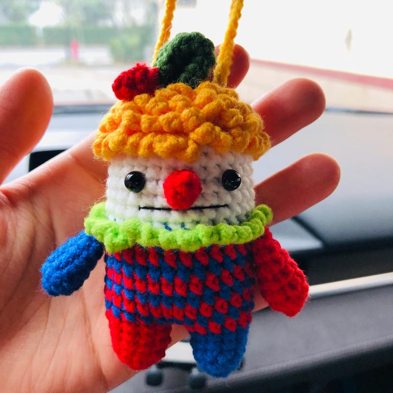 Cute Joker Car Mirror Hanging Interior Rear View Mirror Flower Car Accessories Crochet animal Toy for Women