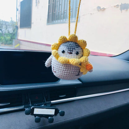 Cute Penguin Car Mirror Hanging Interior Rear View Mirror Flower Car Accessories Crochet animal Toy for Women