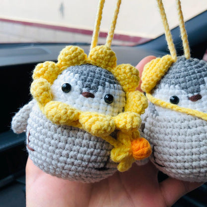 Cute Penguin Car Mirror Hanging Interior Rear View Mirror Flower Car Accessories Crochet animal Toy for Women