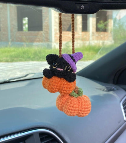Crochet Black Cat And Pumpkin Halloween Rear View Mirror Accessories Decoration, Black Cat Plushie, Pumpkin Fall Car Decor, Halloween Gift